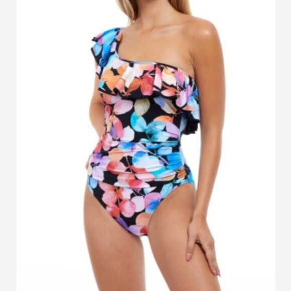NWT Profile By Gottex Color Rush Ruffle One Shoulder One Piece Swimsuit Size 10 - Picture 1 of 8